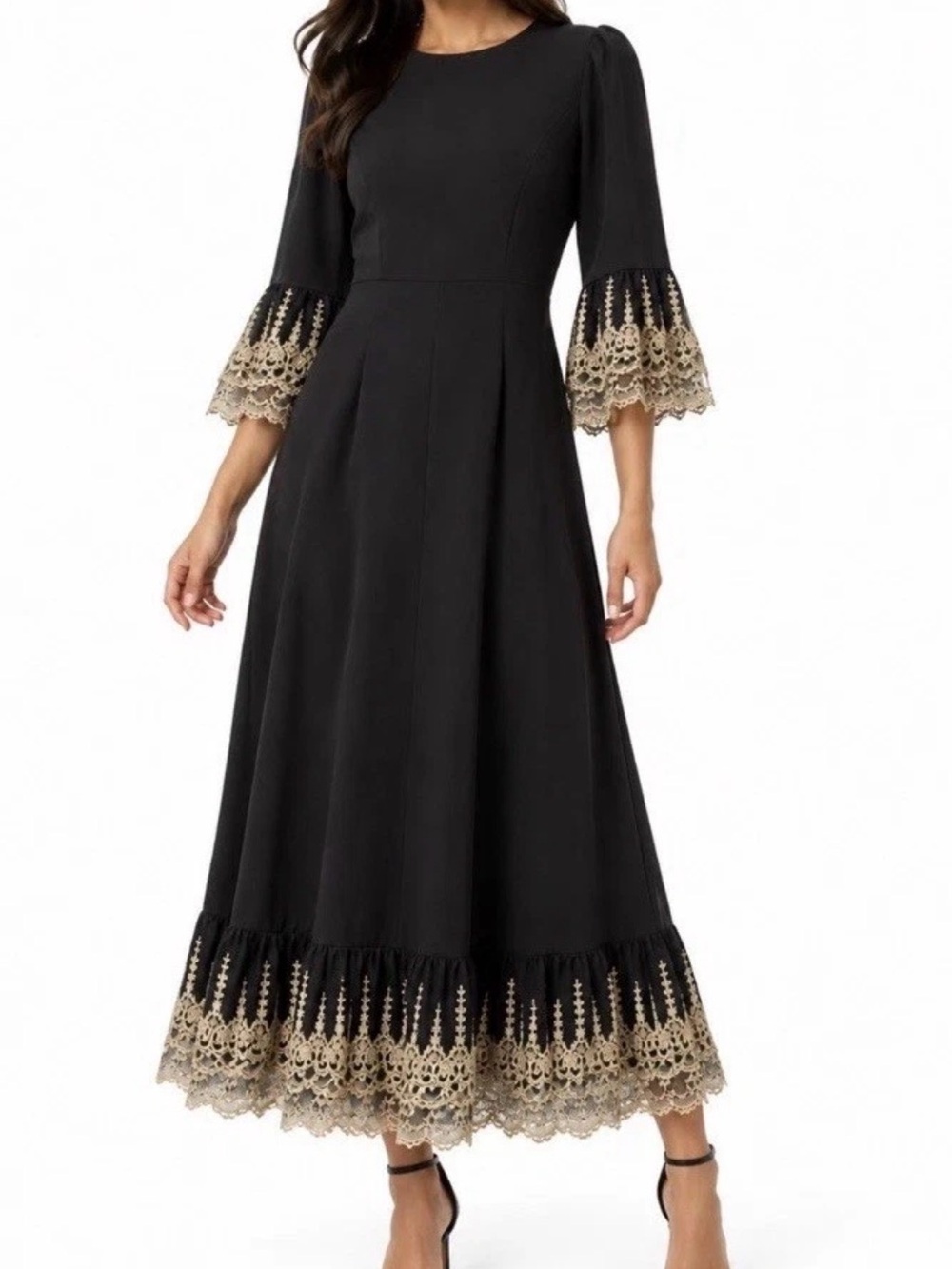 Tuckernuck Pomander Place Gold Embroidered Lace Hem Lillith Dress Black Size XL